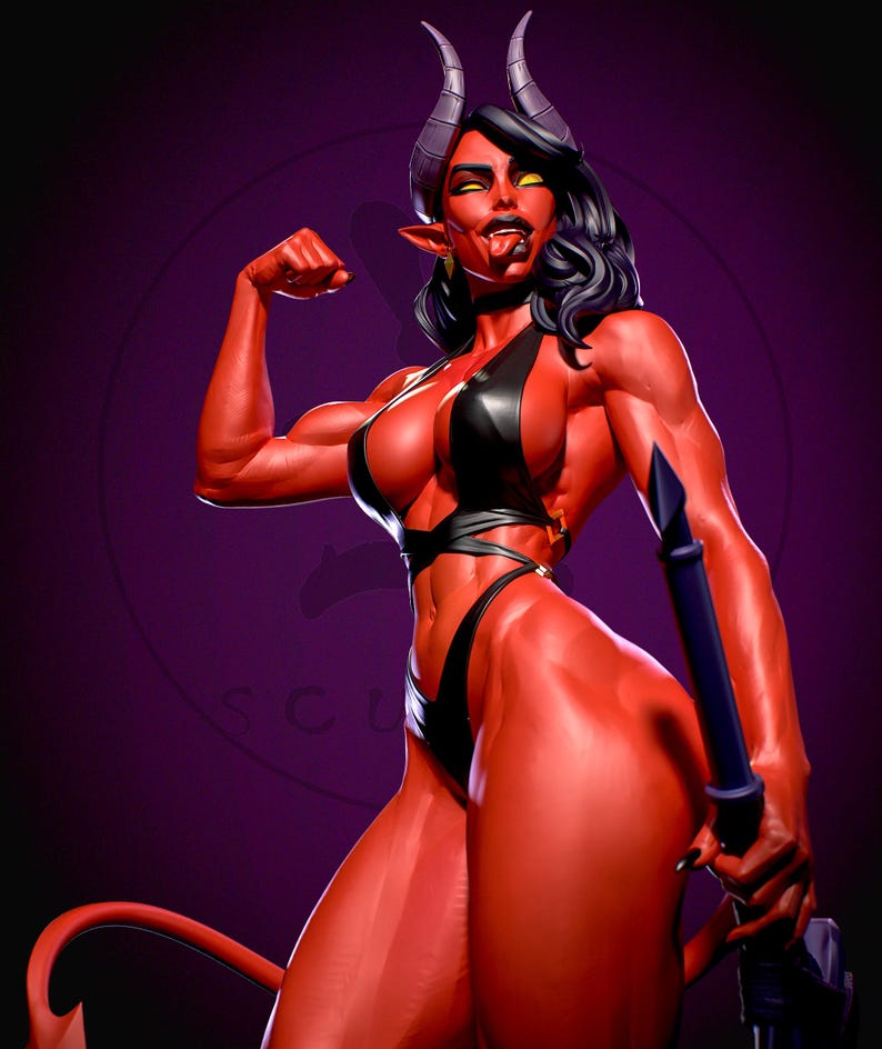 May include: A red-skinned figure with horns, pointed ears, and yellow eyes, flexing a bicep. The figure wears a black bikini and holds a weapon. The background is a gradient of purple.