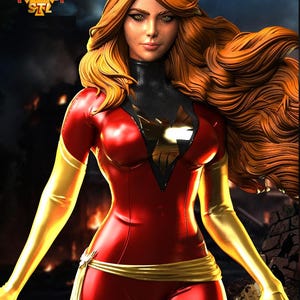 May include: A detailed 3D-rendered figure of a character in a red and gold costume. The figure has long, flowing orange hair and a determined expression. The costume features a black neckline and gold accents. The figure is a Phoenix STL design.