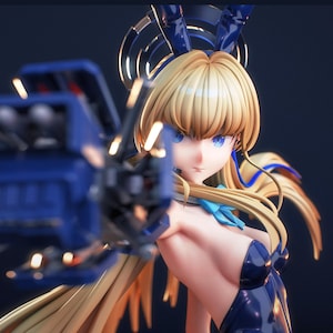 May include: A 3D-rendered anime-style figure with blonde hair and blue eyes, wearing a dark blue outfit with bunny ears. The figure is holding a blue weapon, with a dark background.
