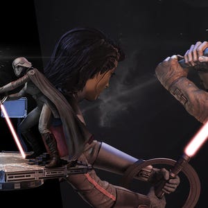 Könnte beinhalten: Detaillierte Figur, die ein Lichtschwertduell zwischen zwei Charakteren darstellt. Eine Figur trägt ein blaues und braunes Outfit und schwingt ein rotes Lichtschwert. Die andere Figur trägt ein dunkles Outfit, ebenfalls mit einem roten Lichtschwert. Die Szene spielt auf einer futuristischen Plattform.