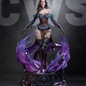 May include: A detailed statue of a woman in fantasy attire, featuring a blue top, brown corset, and long brown boots. The figure stands on a stone base with purple flame-like accents. The statue has long dark hair and is posed with outstretched arms.
