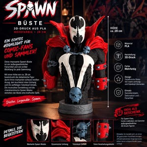 Op de afbeelding: Een 3D-geprinte Spawn-buste met een zwart-wit masker, een felrode cape en blauwe schedeldetails. Het figuur staat op een ronde voet en heeft rode armbeschermers met stekels. Tekst op de afbeelding bevat SPAWN, BÜSTE en 28 CM.