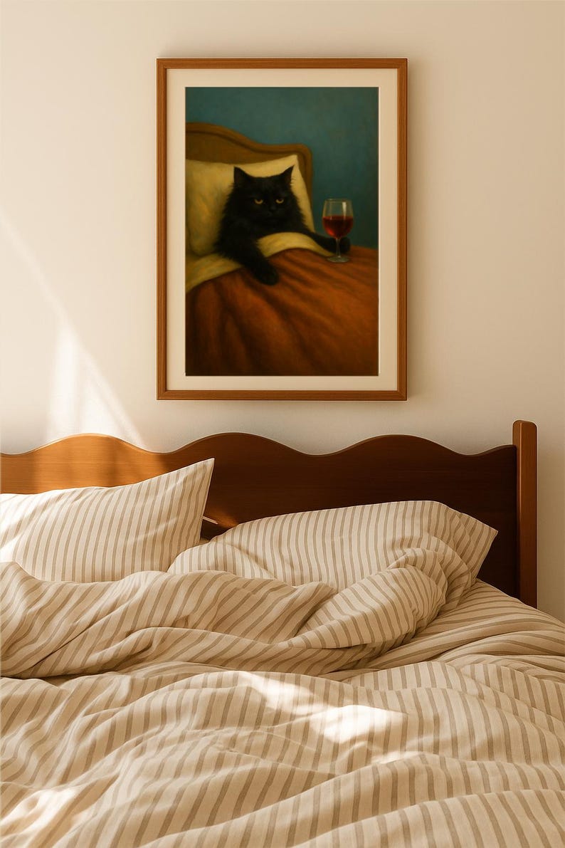 Vintage Black Cat Wine Art Print, Moody Dark Academia Wall Decor ...