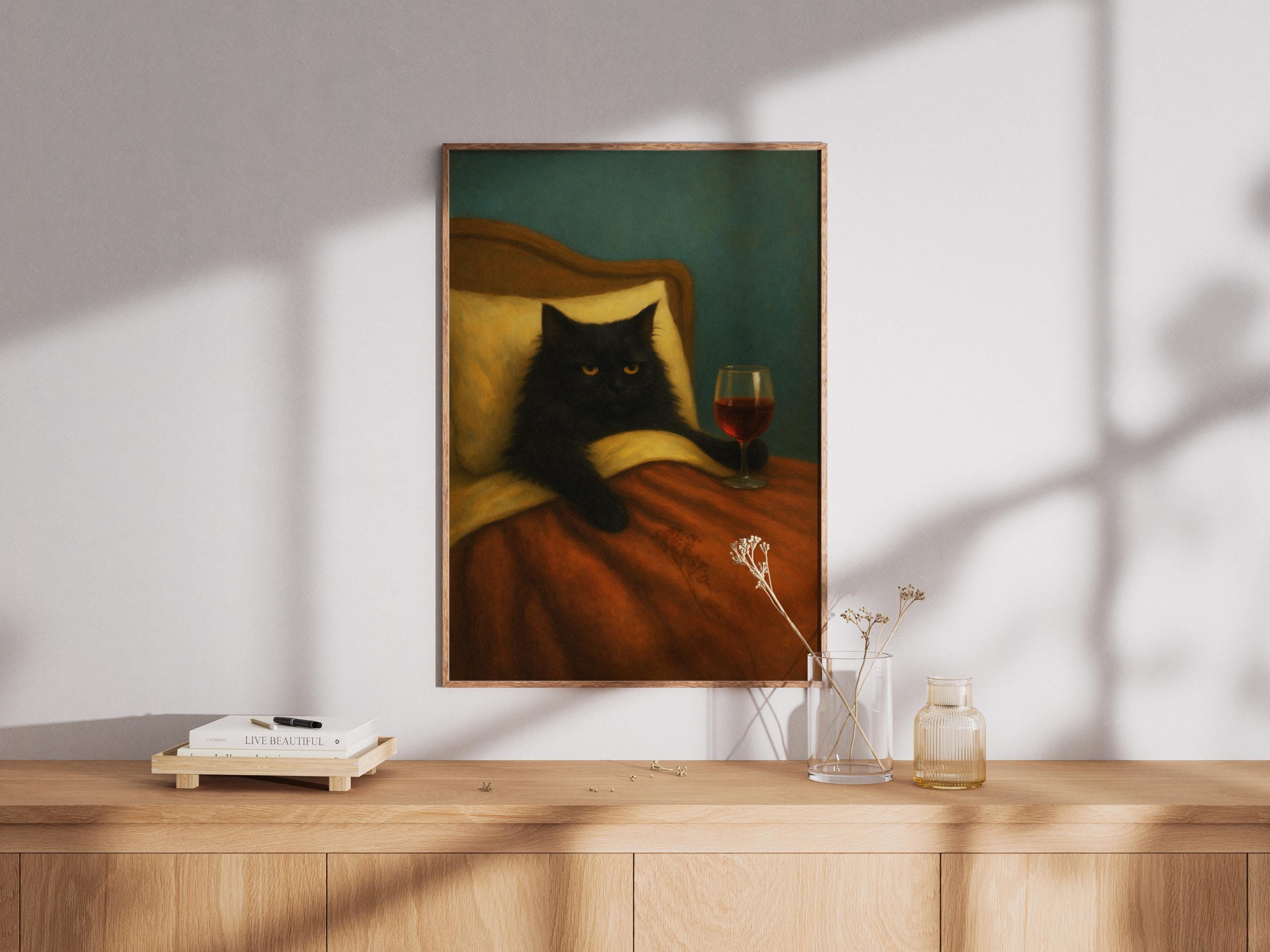 Vintage Black Cat Wine Art Print, Moody Dark Academia Wall Decor ...