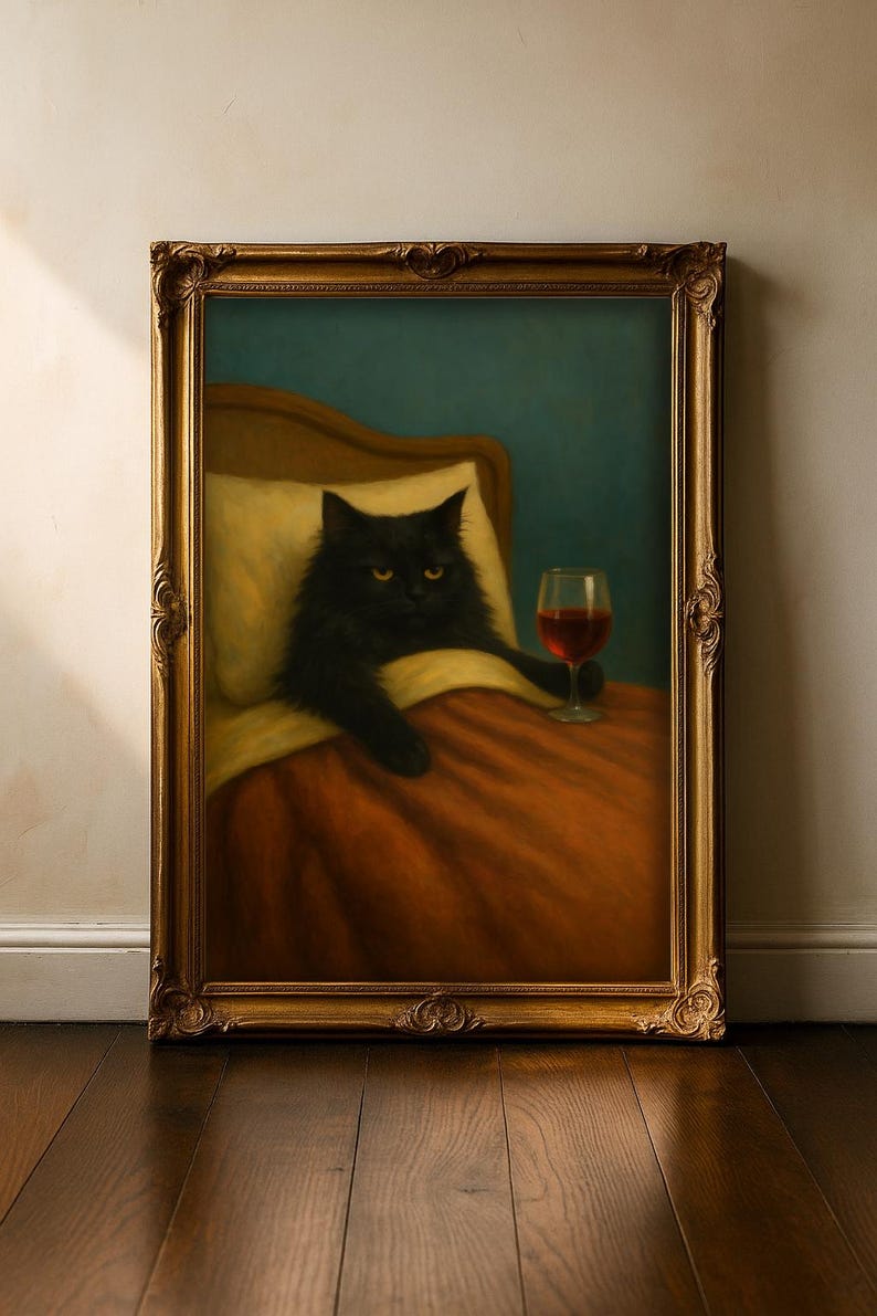 Vintage Black Cat Wine Art Print, Moody Dark Academia Wall Decor ...