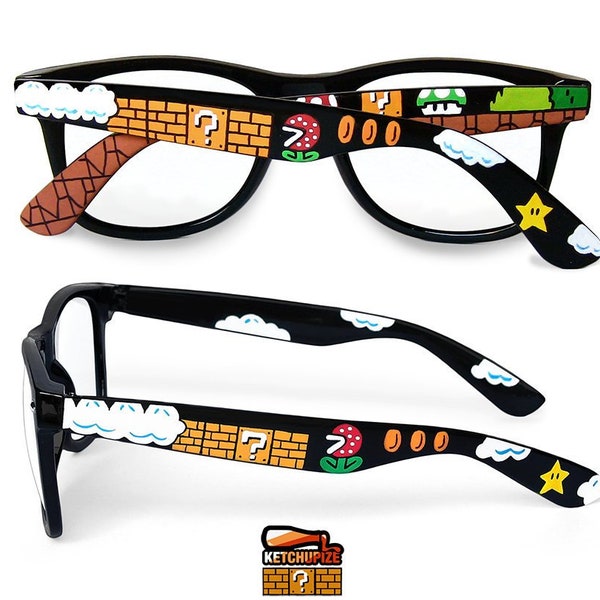 Mario glasses unique custom made Wayfarer retro geek gift for gamer Prescription Piranha Plant 1UP 8bit arcade video game handpainted