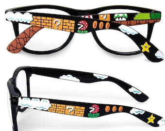 Mario glasses unique custom made Wayfarer retro geek gift for gamer Prescription Piranha Plant 1UP 8bit arcade video game handpainted