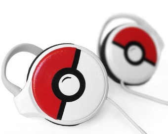 Pokemon gift earphones custom Pokeball headphones geek girl gift for him nerdy birthday gift for gamer geek black red video game accessories
