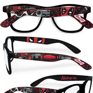 Deadpool glasses father's day unique gift for husband geek gift for men for him superhero Prescription comic book blood clear lens nerd