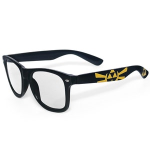 Picture of black clear lens glasses, hand-painted with a Legend of Zelda inspired design, including yellow triforce and wingcrest, in black and yellow colors.