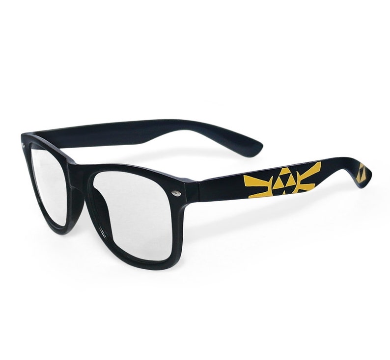 Picture of black clear lens glasses, hand-painted with a Legend of Zelda inspired design, including yellow triforce and wingcrest, in black and yellow colors.