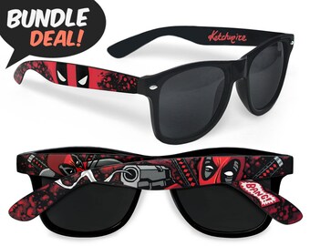 Superheld Sonnenbrille, 2 Paar BUNDLE-Deal, Deadpool Brillen, einzigartiges Geschenk für ihn Geek Männer Freund Geschenk Wayfarer Comic-Buch-Nerd