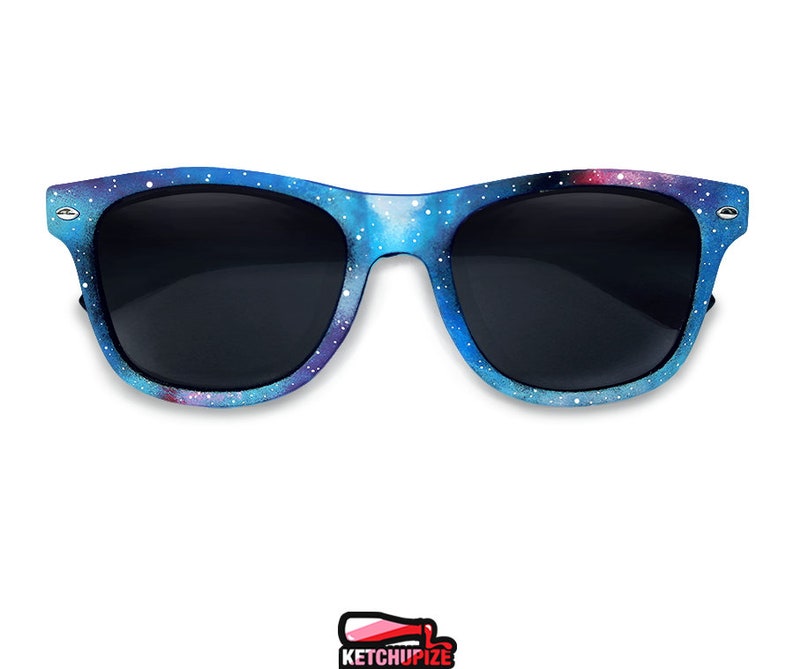 Picture of black sunglasses, hand-painted with a galaxy design in blue, purple and pink colors.