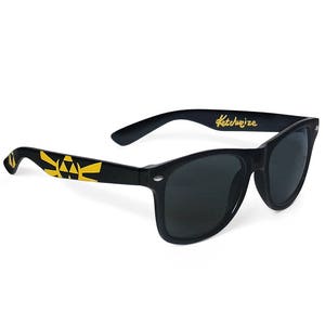 Picture of black sunglasses, hand-painted with a Legend of Zelda inspired design, including yellow triforce and wingcrest, in black and yellow colors.