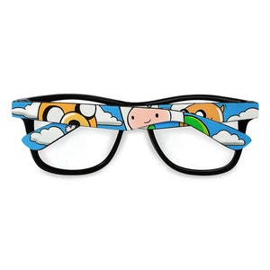 Picture of black clear lens glasses, hand-painted with an Adventure Time inspired design, including Finn the human and Jake the dog on a blue background with white clouds, in white, blue and yellow colors.