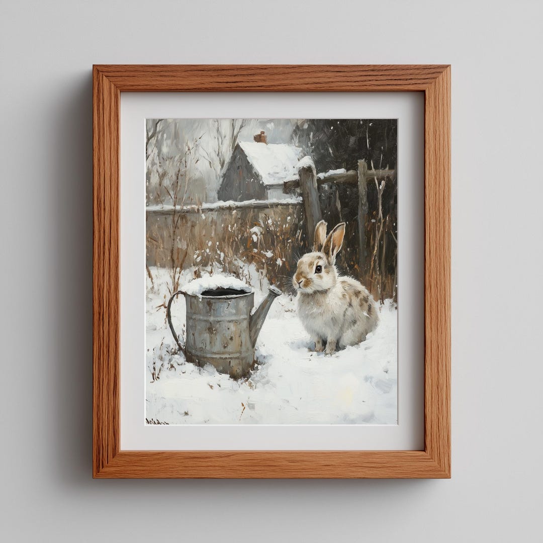 Vintage Rabbit Print in Snow - Cozy Winter Scene, Cottagecore Rustic ...