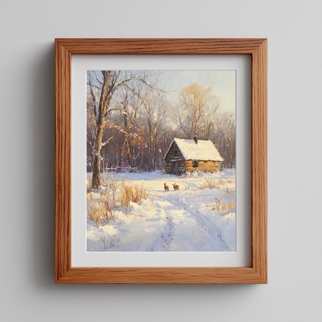 Rabbit Wall Art Print Rustic Winter Cabin Scene Cottagecore Landscape ...