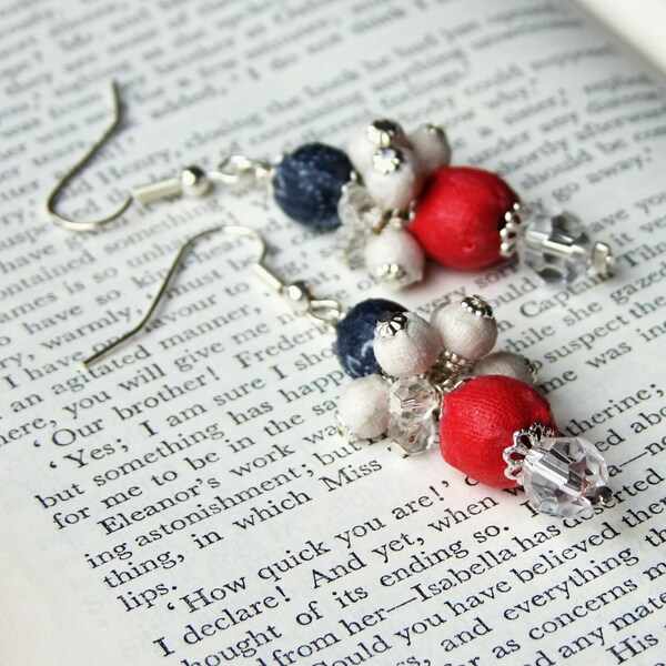 patriotic red and blue earrings, glass and fabric bead