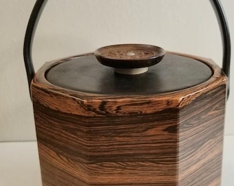 Vintage Mid Century Octagon Faux Wood and Black Vinyl Lid Ice Bucket Kraftware