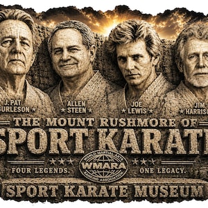 May include: A sepia-toned artistic depiction of four men in karate uniforms, reminiscent of Mount Rushmore. The text reads "The Mount Rushmore of Sport Karate" with names and the Sport Karate Museum logo. The image is in sepia tones.