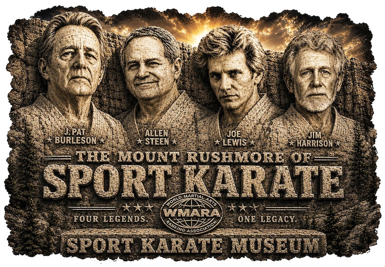 May include: A sepia-toned artistic depiction of four men in karate uniforms, reminiscent of Mount Rushmore. The text reads "The Mount Rushmore of Sport Karate" with names and the Sport Karate Museum logo. The image is in sepia tones.