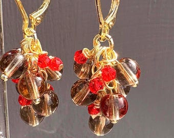 Smoky Quartz earrings,  Gold filled gemstone cluster dangle. Two tone earrings. Gift for her