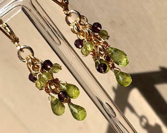 Genuine Peridot earrings. Gold filled gemstone cluster dangle. Birthstone jewelry. Personalized gift