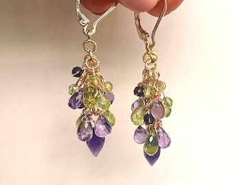 Long Peridot Amethyst   Statement Chandelier Earrings   Handmade two tone gemstone jewelry Personalized Anniversary Gift for wife