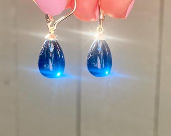 London Blue  Quartz gold earrings. Teardrop gemsone. December  Birthstone. Anniversary gift