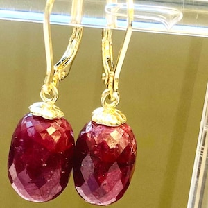 Ruby Statement  Earrings. 14K gold dangle earrings.  Birthstone jewelry Anniversary gift for wife. Handmade