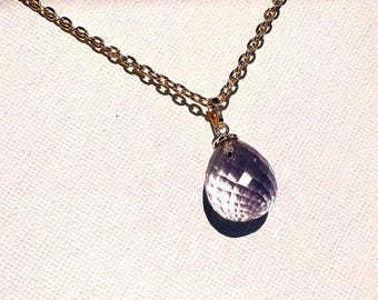 Genuine Pink  Amethyst gold necklace . Purple  Pendant .  Natural Teardrop  Gemstone.     Statement jewelry
