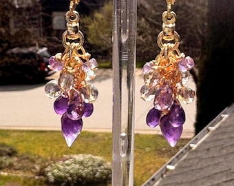 Long Amethyst two tone   Chandelier dangle Earrings.  Handmade gemstone jewelry Gift for wife. Statement earrings