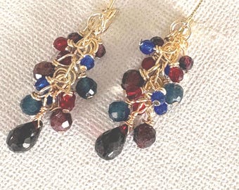 Garnet Sapphire  Gold Earrings . Gemstone cluster dangle . Two tone earrings. Statement Handmade