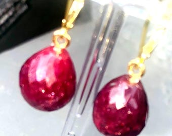 Genuine Ruby Gold Earrings. Teardrop gemstone jewelry. Handmade Statement.  Anniversary gift