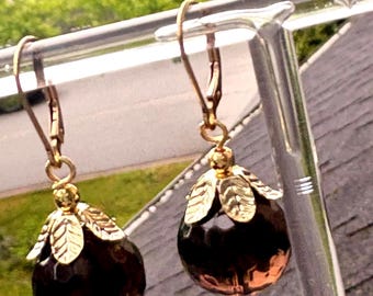 Genuine Smoky Quartz  earrings. Gold filled dangles . Smoky topaz gemstone jewelry. Gift for her