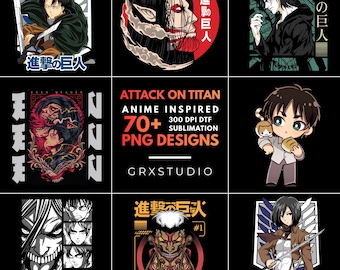 Más de 70 diseños de camisetas, sudaderas y sudaderas de anime colosales, inspirados en el anime, PNG de 300 DPI, DTF y sublimación, descarga digital.
