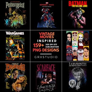Op de afbeelding: Een digitale collectie van 159+ vintage film-geïnspireerde PNG-ontwerpen voor DTF- en sublimatieprinten. Het raster bevat iconische filmgraphics waaronder Poltergeist, Spider-Man, Batman, WarGames, Dracula, Scarface en Labyrinth.