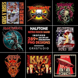 Könnte beinhalten: Eine digitale Sammlung von 289+ Rockband-Grafikdesigns mit Bandlogos und Illustrationen von Guns N' Roses, Megadeth, Bullet For My Valentine, Iron Maiden, Led Zeppelin, Anthrax und Kiss sowie Textbeschriftungen auf schwarzem Hintergrund.