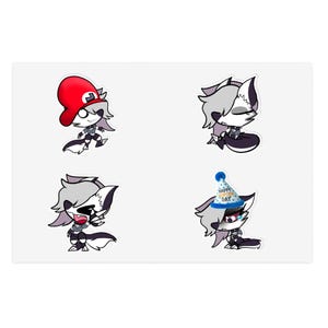 Peut inclure: Quatre autocollants de dessins animés représentant un personnage ressemblant à un loup dans différentes poses. L'un porte un chapeau rouge, un autre est assis, un troisième a la bouche ouverte et le dernier porte un chapeau de fête bleu avec le texte "Happy Birthday".