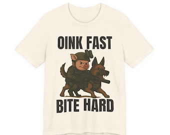 Koszulka z nadrukiem "Oink Fast Bite Hard", taktyczna koszulka z nadrukiem "Świnka na Piesku", koszulka z humorem wojskowym, zabawny prezent z parodią operatora