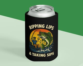 Ripping Lips Taking Sips Can Sleeve, Funny Fishing Beer Holder, Bass Fishing Can Cooler, Fisherman Gift, Largemouth Bass Beer Sleeve