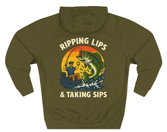 Ripping Lips Taking Sips Hoodie, Funny Fishing Hoodie, Bass Fishing Sweatshirt, Fisherman Gift, Largemouth Bass Hoodie, Lake Life Pullover