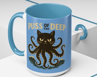 Puss of the Deep Coffee Mug, Funny Cat Octopus Cup, Ocean Pun Mug, Nautical Cat Lover Gift, Sea Creature Ceramic Mug