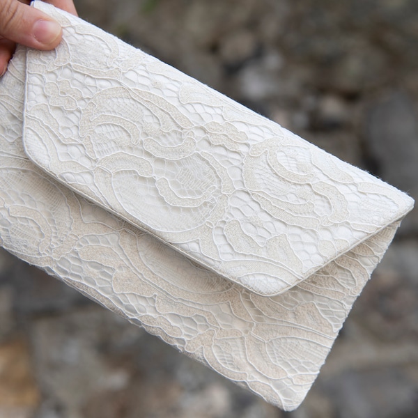 Bridal Clutch Bag, Evening Envelop Clutch, Ivory  Lace Clutch, Wedding Clutch, Evening Bag, Occasion Clutch Bag, With Removable Handle