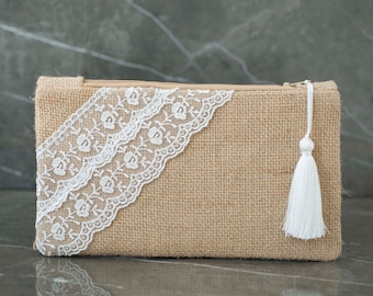 Burlap lace clutch, rustic wedding, bridesmaid Clutch, Wedding clutch shabby chic