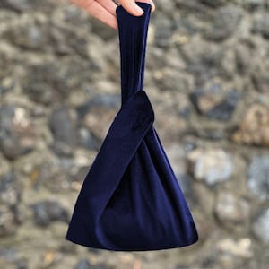NEW-Japanese Knot Bag Purse Style With Square Bottom In Velvet, Prom Purse, Special Occasion, Simple Elegant Bag, Navy - Color Option