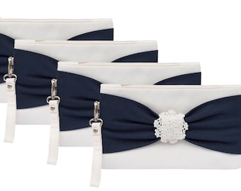 Ivory And Navy Blue Color Clutch With Bow, Wristlet Clutch, Bridesmaid Gift, Wedding Gift, Zipper Pouch, With Lace