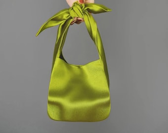 Gras Green Satin Evening Clutch – Japanese Knot Purse Bag for Wedding