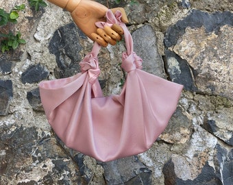 REDESIGNED-  Furoshiki Satin Knot Handbag, Scrunchies Bag, Satin Japanese Knot Bag, Blush Pink, Color Option