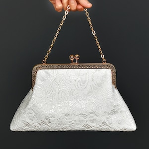 Bridal Clutch Bag, Wedding Purse Bag, With Chain Handle, With Rose Gold Frame, Off White